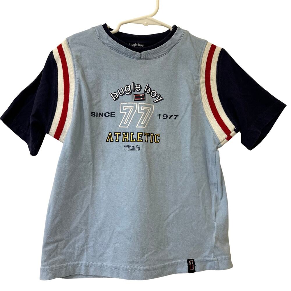 Bugle Boy Vintage Boys Size 6 Blue Short Sleeve Raglan V Neck T Shirt Y2K Logo
